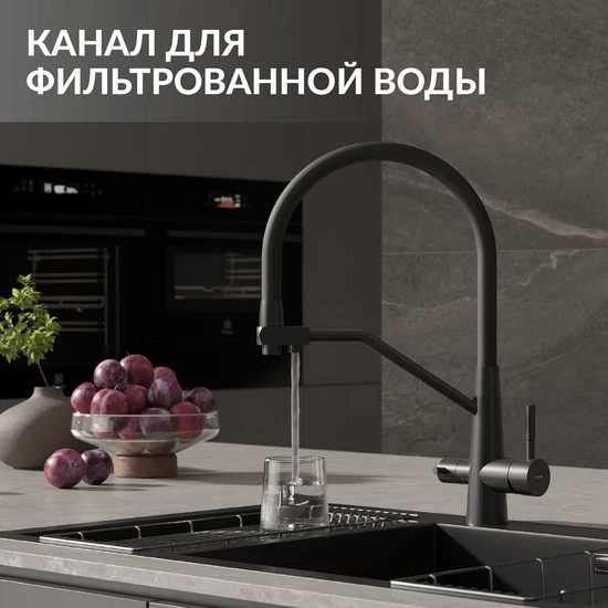 Смеситель для кухни VIVO однорычажный с подключением фильтра с гибким изливом черный