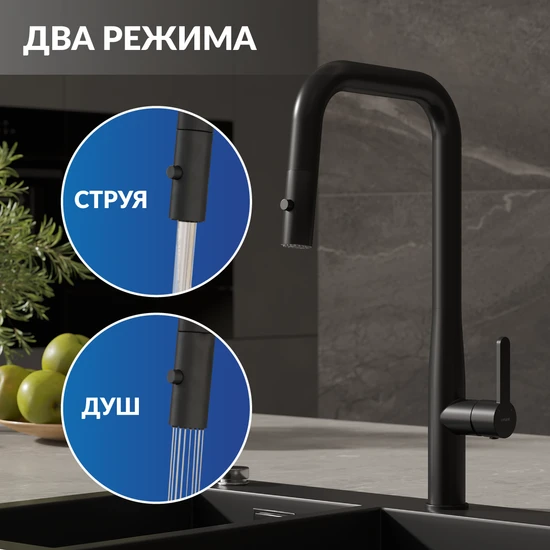 Смеситель для кухни OLIVA с п-образным выдвижным изливом шланг черный