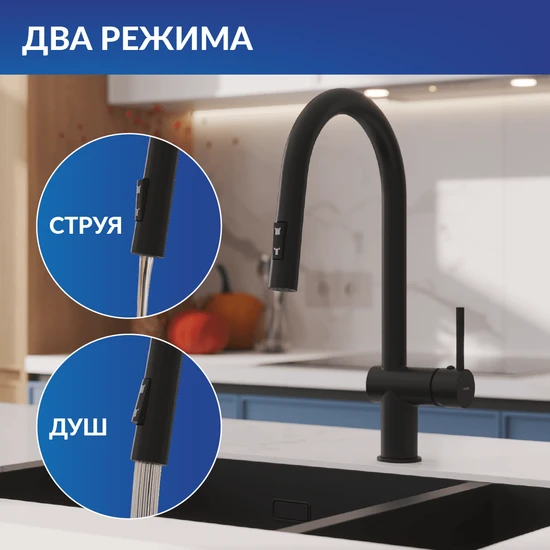 Смеситель для кухни BRASKO с выдвижным изливом черный