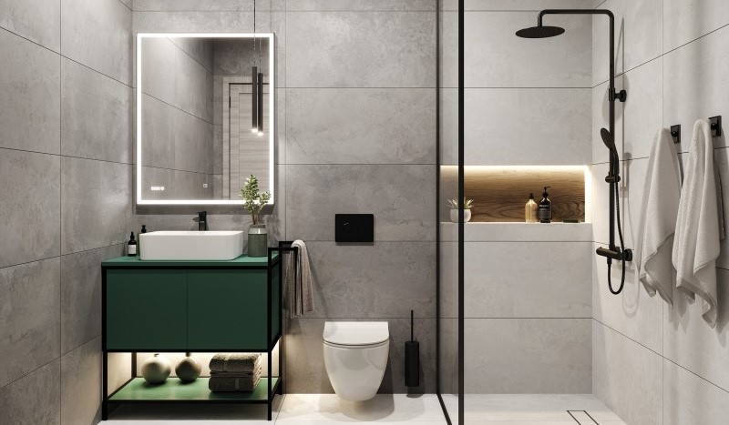 Серый керамогранит в ванной комнате дизайн