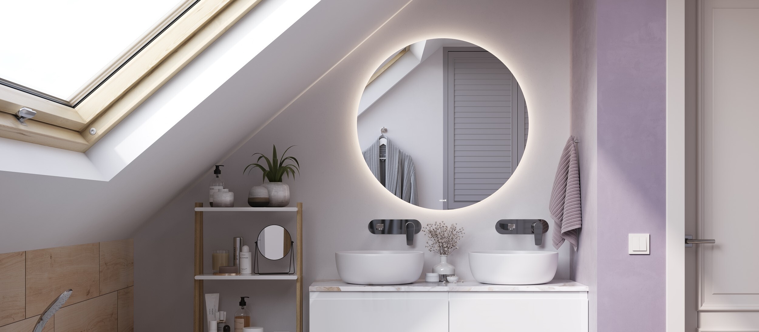 Дизайн ванной комнаты с большим зеркалом с подсветкой
